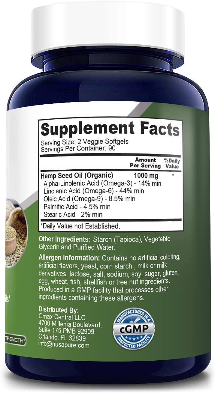 NusaPure Hemp Oil Capsules, 90,000 mg Per Bottle,180 Softgels زيت بذور القنب النباتى الطبيعى العضوى 1000 مجم للجرعة ، 180 كبسولة - Image 2