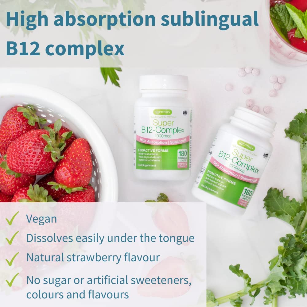 Super B12-Complex 1000mcg, High Absorption Sublingual Vitamin B12 in Three Bioactive Forms with Methylcobalamin, Vegan, 180 Tabletsايجنس فيتامين ب12، 1000 ميكروجرام لدعم إنتاج الطاقة من التمثيل الغذائى،180 كبسولة سريعة الذوبان بطعم الفراولة، 180 جرعة نباتية - Image 3