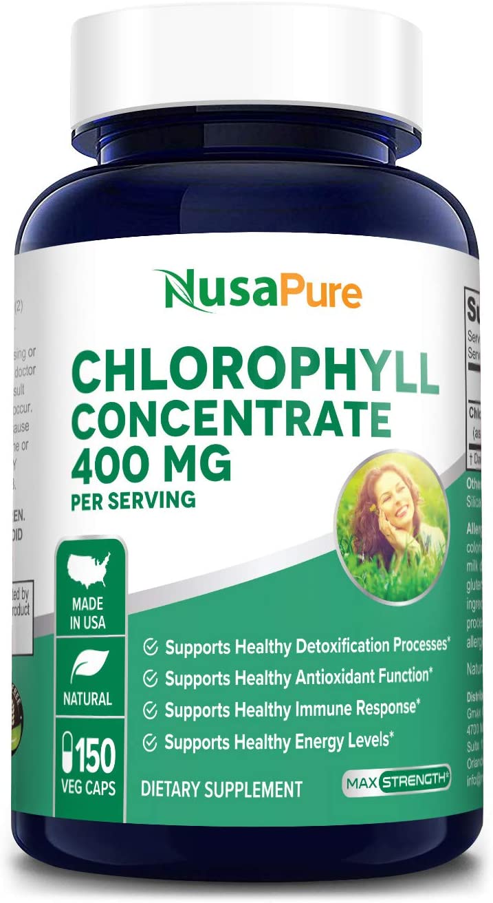Nusapure Chlorophyll Concentrate 400 mg, Assists Detoxification & Provides Intestinal, Digestive Support,150 Capsules كلوروفيل المركز 400 مجم للجرعة ، لصحة الجهاز المناعى والجهاز الهضمى و لصحة الجلد ، 150 كبسولة