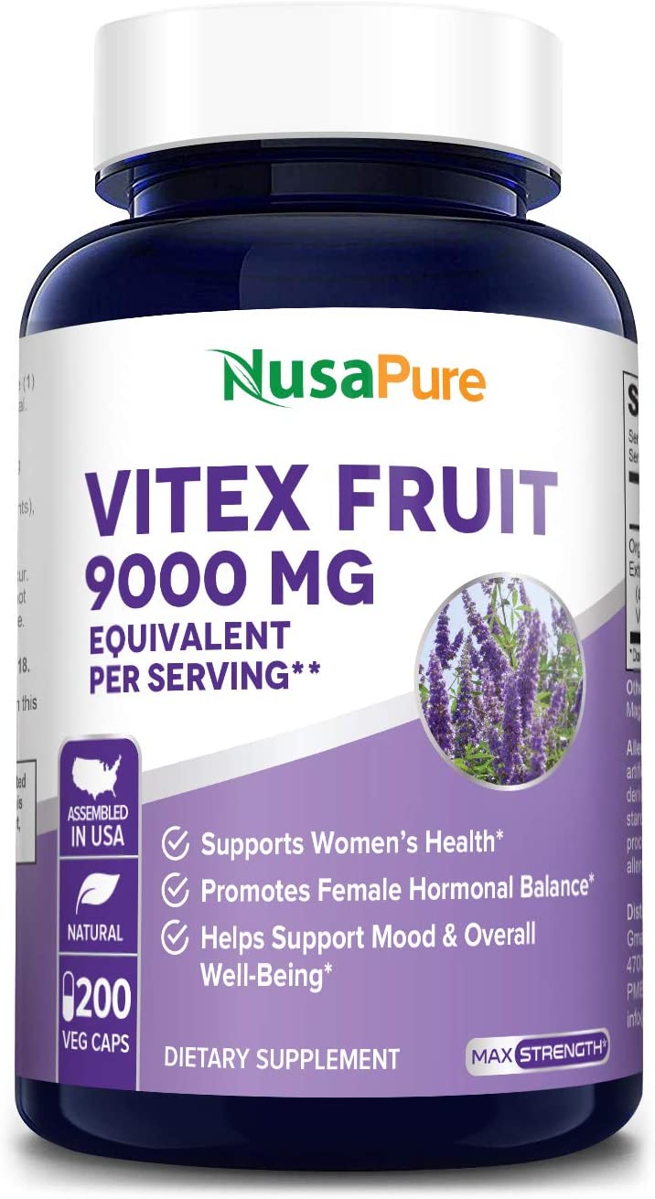 Nusapure Vitex Chasteberry Fruit 9,000 mg, Support Hormonal Balance & PMS Symptoms, 200Capsules فاكهة فيتكس العضوية 9,000 مجم للكبسولة، مكمل غذائى لتحسين صحة المرآه ، ولدعم التوازن الهرمونى وأعراض الدورة الشهرية، 200 كبسولة