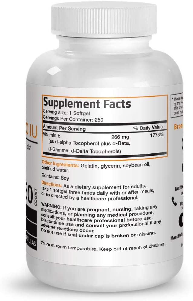 Bronson Natural Vitamin E Complex Supplement 400 I.U. (80% D-Alpha Tocopherol), Natural Antioxidant, 250 Softgels برونسون فيتامين ه المركب الطبيعى 400 وحدة دولية ، مضاد للأكسدة ، 250 سوفت جيل - Image 6
