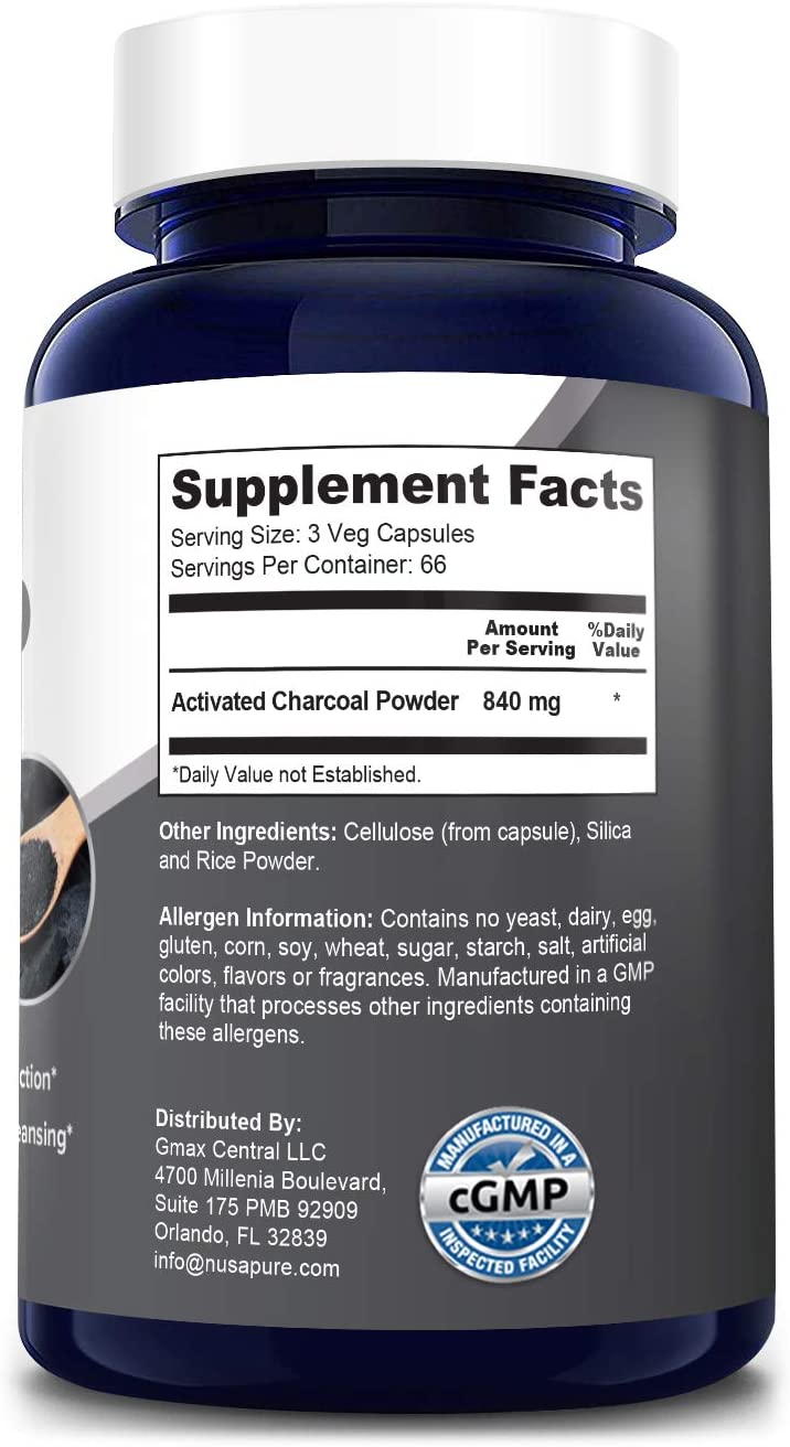 Nusapure Activated Charcoal 840 mg- Support for Healthy Digestion, 200 Capsules<br/>الفحم النشط 840 مجم ، مستخلص من قشور جوز الهند ، لصحة الجهاز الهضمى ،200 كبسولة نباتية - Image 6
