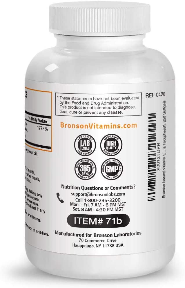 Bronson Natural Vitamin E Complex Supplement 400 I.U. (80% D-Alpha Tocopherol), Natural Antioxidant, 250 Softgels برونسون فيتامين ه المركب الطبيعى 400 وحدة دولية ، مضاد للأكسدة ، 250 سوفت جيل - Image 7