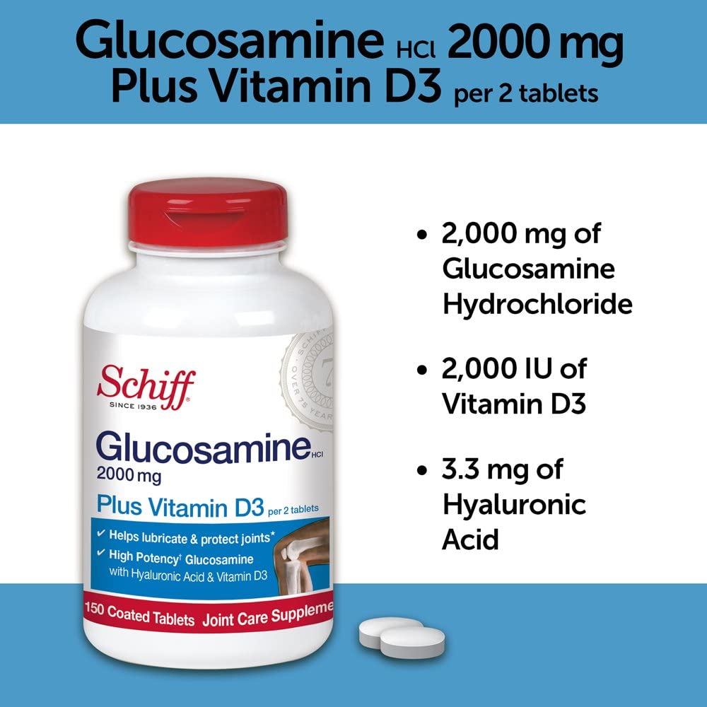 Schiff Glucosamine 2000mg with Vitamin D3 and Hyaluronic Acid ,Joint Supplement-150 tablets جلوكوزامين 2,000 مجم مع فيتامين د3 وحمض الهيالورونك لصحة المفاصل ولتسهيل الحركة ، 150 قرص - Image 4