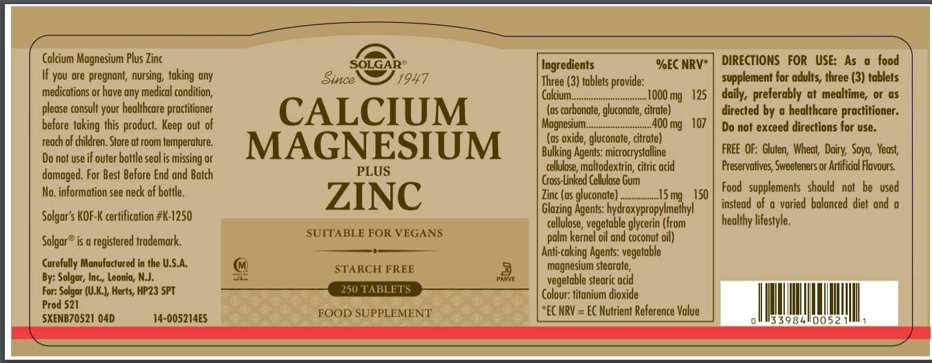 Solgar Calcium Magnesium Plus Zinc 250 Tabletsسولجر ، كالسيوم وماغنيسيوم مع الزنك ، 250 حباية - Image 3
