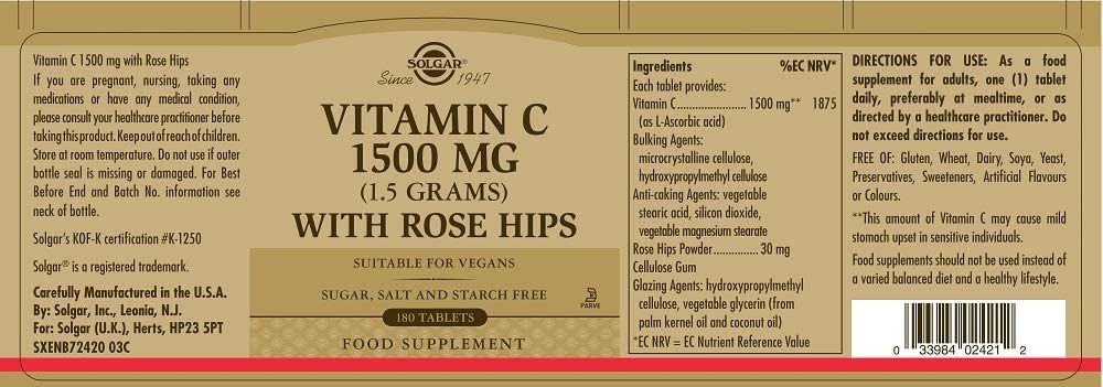 Solgar Vitamin C 1500 mg (1.5 grams) with Rose Hips - 90 Tablets سولجر فيتامن ج 1500 مجم للجرعة مع ثمار الورد ، 90 حباية - Image 9