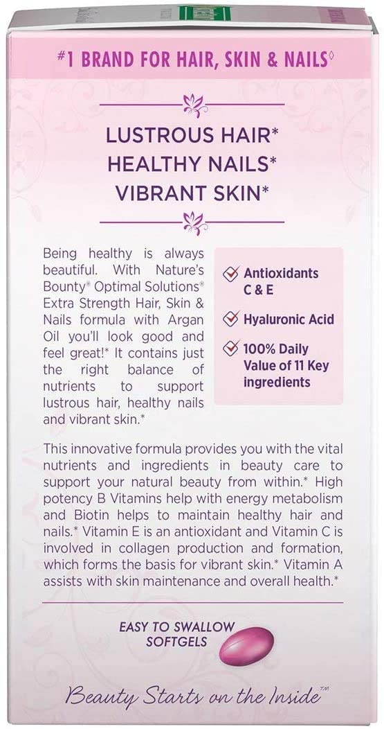 Nature's Bounty Optimal Solutions Hair, Skin & Nails Extra Strength, 150 Softgels أفضل حل للشعر والبشرة والأظافر ، قوة مضاعفة ، مع زيت الأرجان والبيوتين ، 150سوفت جل - Image 6