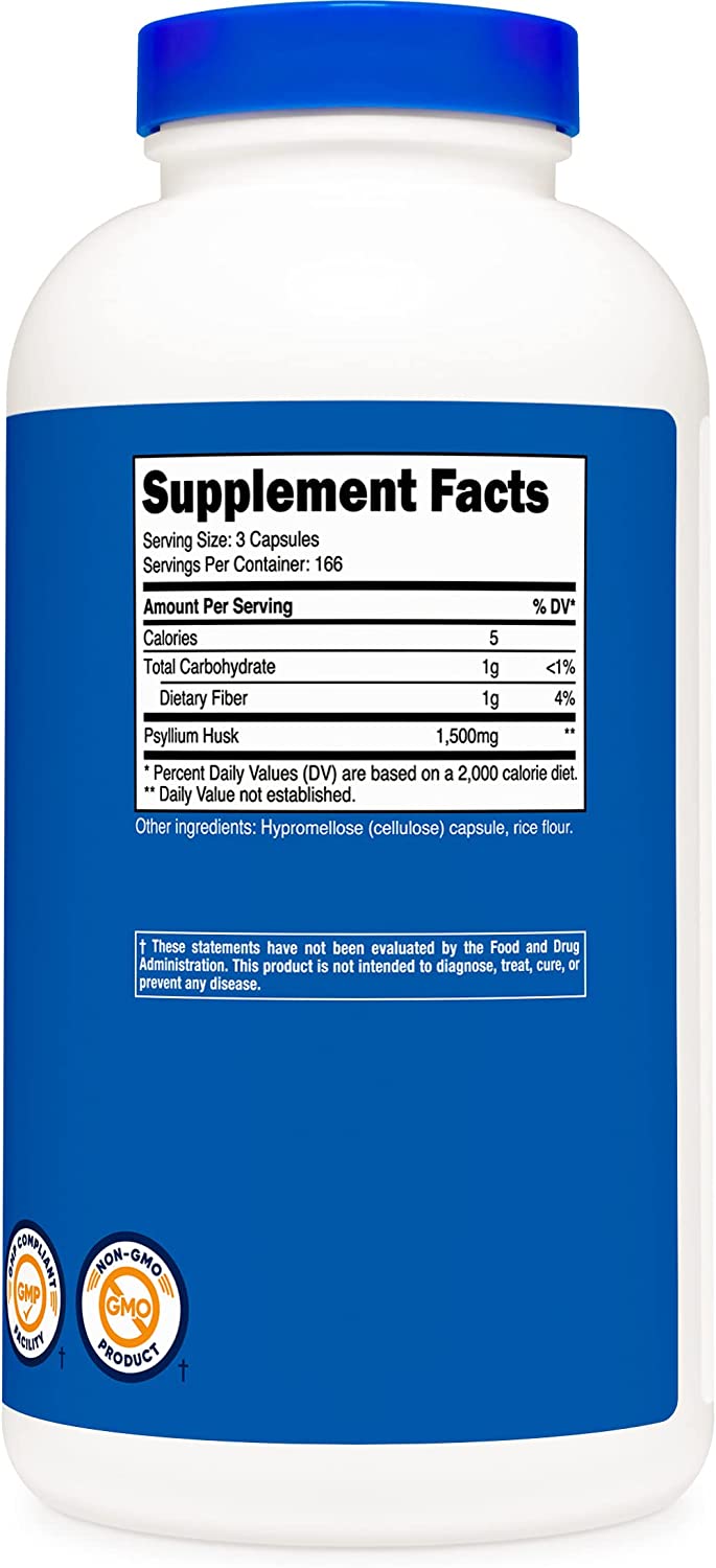 Nutricost Psyllium Husk 1500mg Per Serving, 500 Capsules نيوتريكوست ألياف قشور السيليوم العضوى ، 1500 مجم للجرعة الواحدة ، بريبيوتيك الطبيعى من بذور بلانتاجو أوفاتا الخام وقشور إسباجولا ، 500 كبسولة نباتية - Image 2