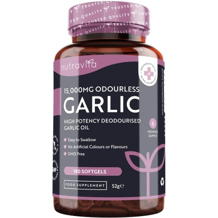 Nutravita Odourless Garlic 15,000mg – 180 Capsules كبسولات الثوم عديم الرائحة عالى التركيز 15,000 مجم للكبسولة ، لصحة القلب والأوعية الدموية ولصحة الجهاز المناعى ، 180 كبسولة سوفت جيل