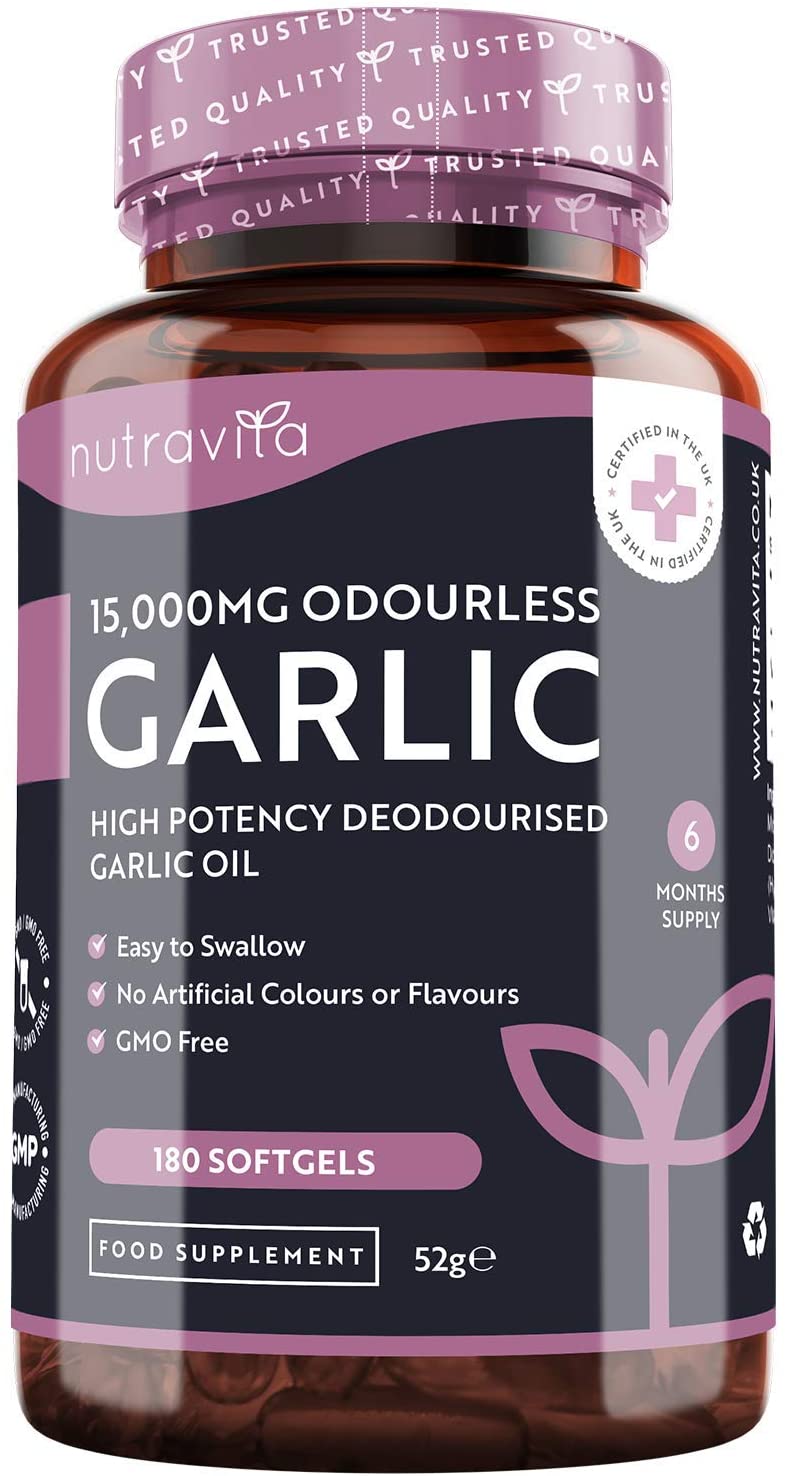 Nutravita Odourless Garlic 15,000mg – 180 Capsules كبسولات الثوم عديم الرائحة عالى التركيز 15,000 مجم للكبسولة ، لصحة القلب والأوعية الدموية ولصحة الجهاز المناعى ، 180 كبسولة سوفت جيل
