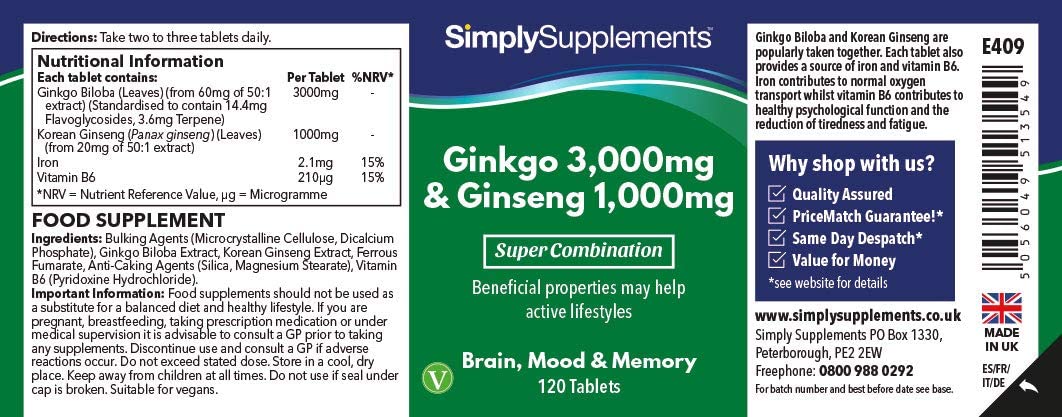 Simply Supplements Ginkgo Biloba & Korean Ginseng | Supports Mental Performance & Helps with Circulation | Vegan & Vegetarian Friendly | 120 Tablets | Manufactured in The UK سمبل سبلايمنتس خليط نباتى من الجانكجو بيلوبا 3000 مجم والجنسنج 1000 مجم لدعم صحة المخ والذاكرة والمزاج 120 حباية - Image 3