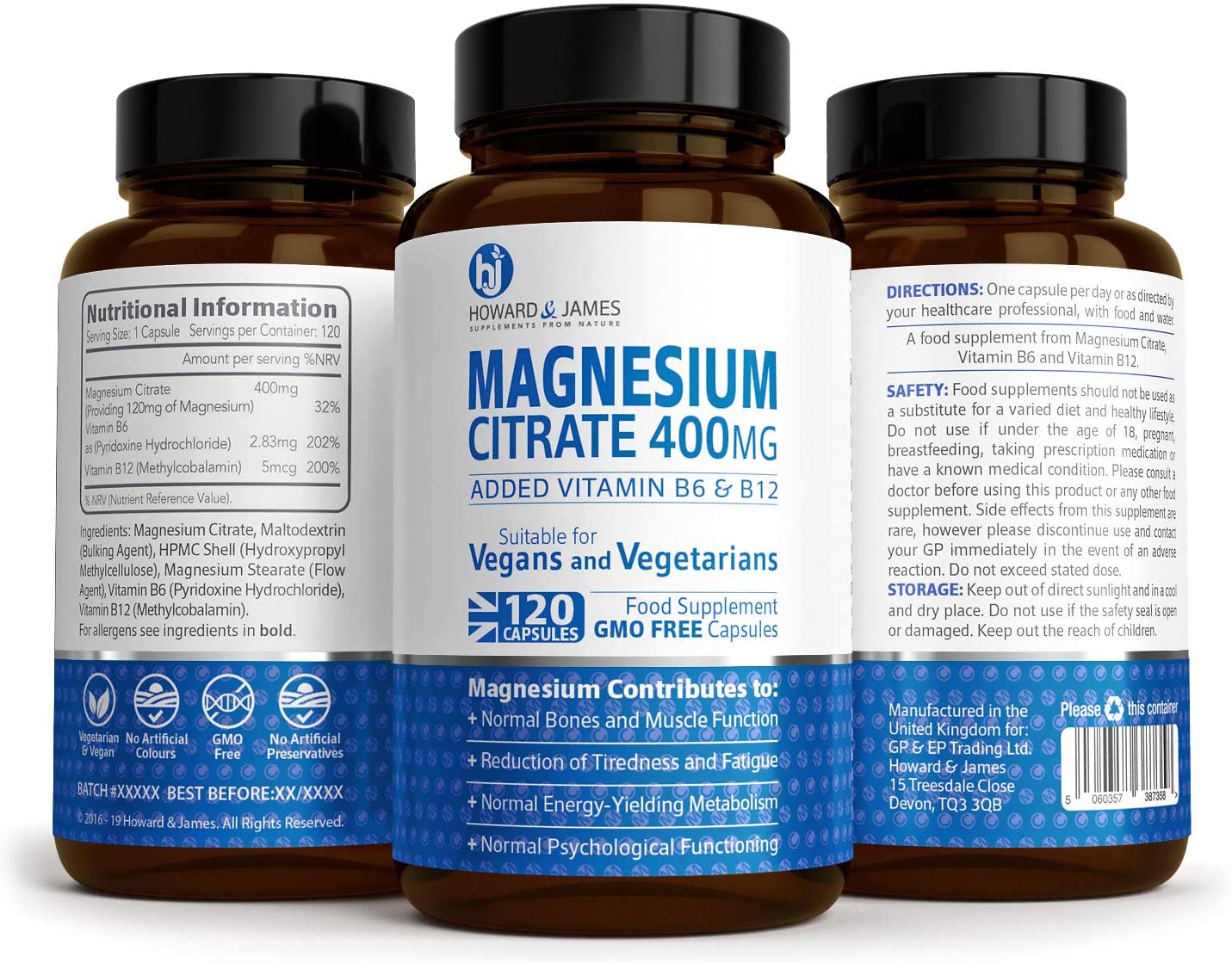 Howard & James Magnesium Citrate 400mg Plus Vitamin B6 & B12-120 Capsules