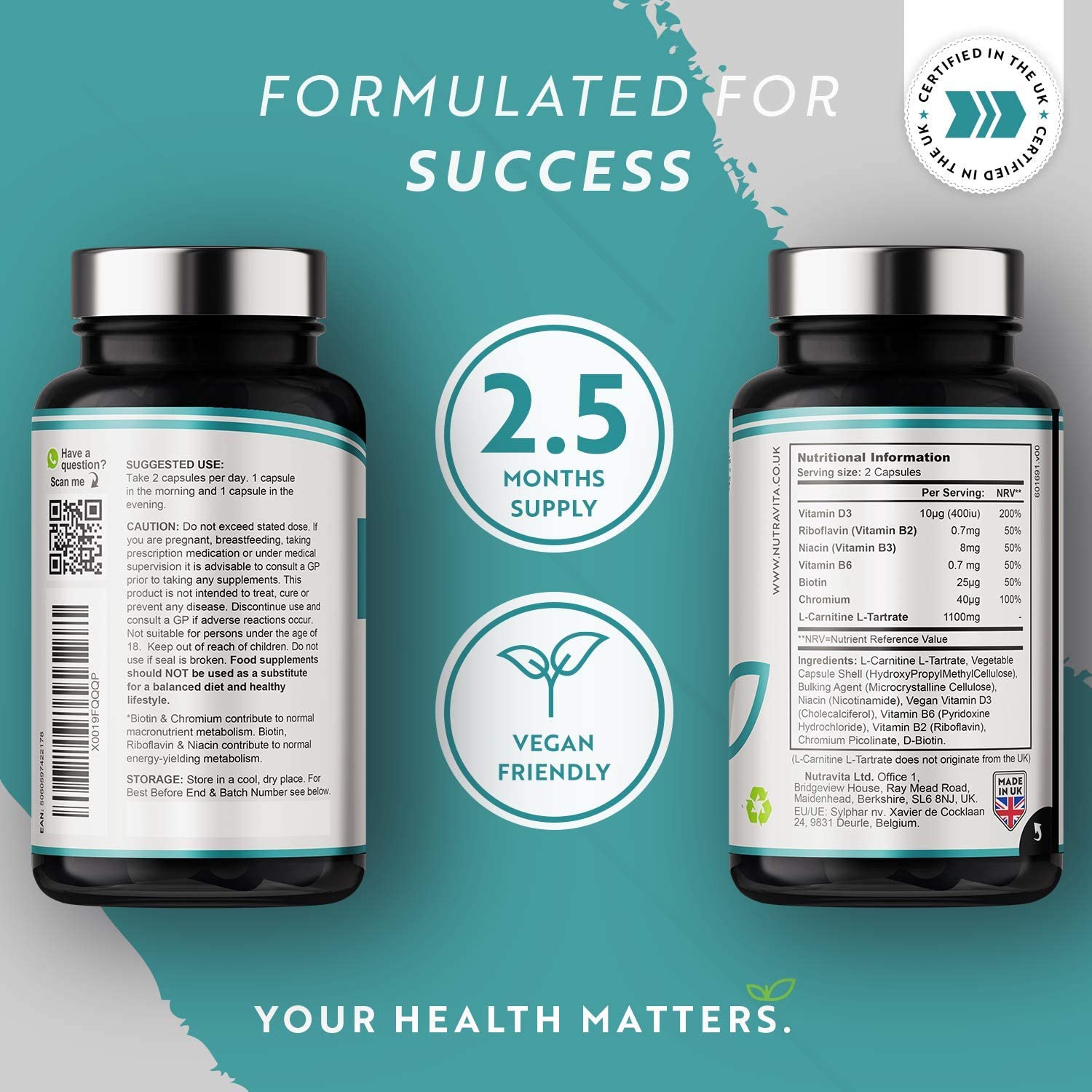 Nutravita L-Carnitine Complex - High Strength Capsules with Added Riboflavin, Biotin, Chromium, Vitamin D, B3 & B6 - Macronutrient & Energy Yielding Metabolism - 150 Vegan Capsules نيوترافيتا ل_الكارنيتين مركب لصحة التمثيل الغذائى وزيادة إنتاج الطاقة ، 150 كبسولة نباتية - Image 2