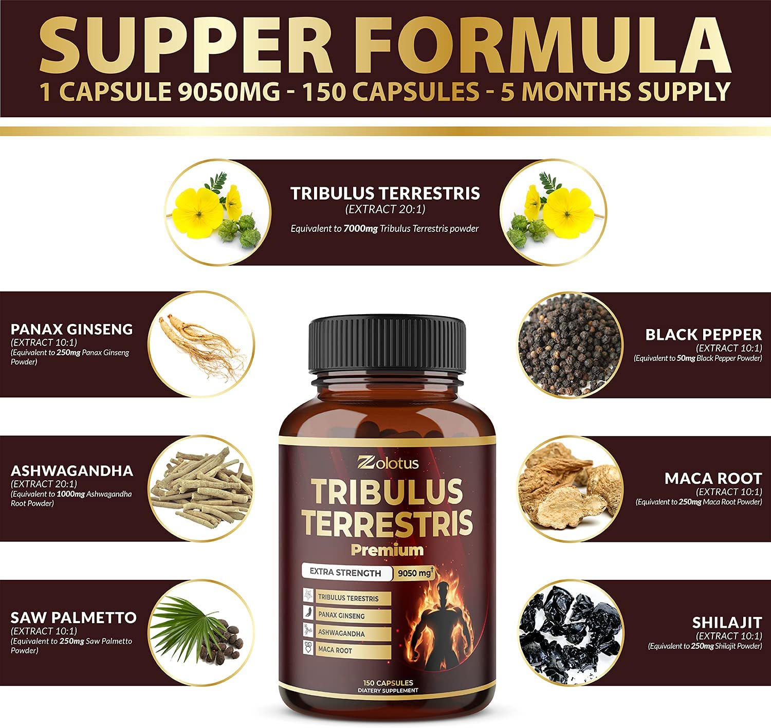 Tribulus Terrestris, 9050mg Per Capsule, 5 Months Supply with Ashwagndha, Panax Ginseng, Saw Palmetto, Maca, Shilajit. Energy, Stamina & Performance Supplement for Men & Womenزولوتس تركيز9050 مجم للكبسولة،يحتوى على الاشواجندا العضوية والجنسنج والماكا السوداء والشيلاجيت ،لزيادة انتاج الطاقة والرغبة الجنسية للطرفين ،150 كبسولة - Image 2