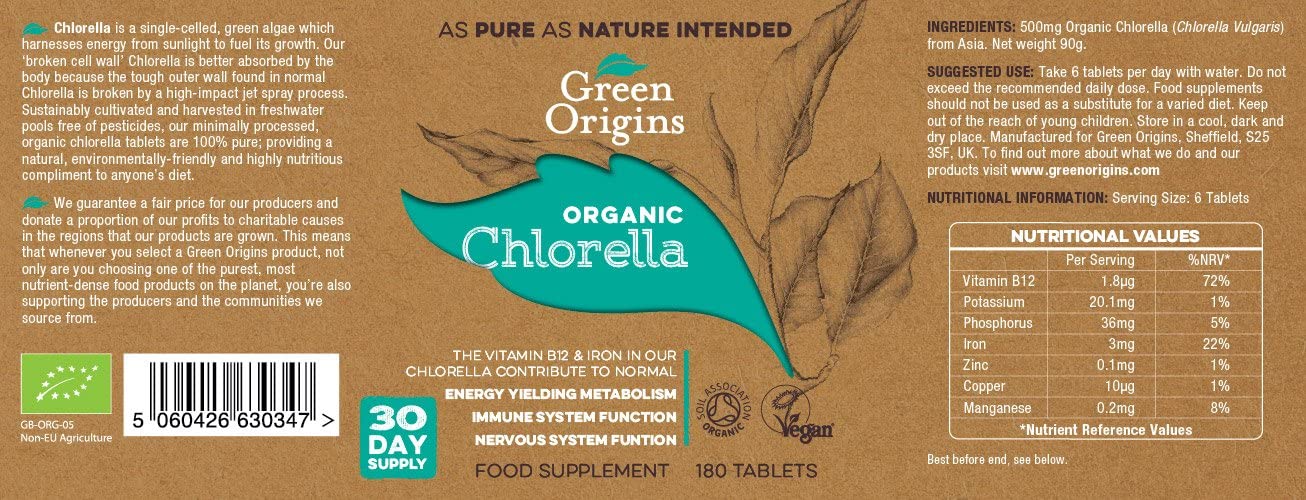 lapel of Green Origins Organic Chlorella Tablets 500mg