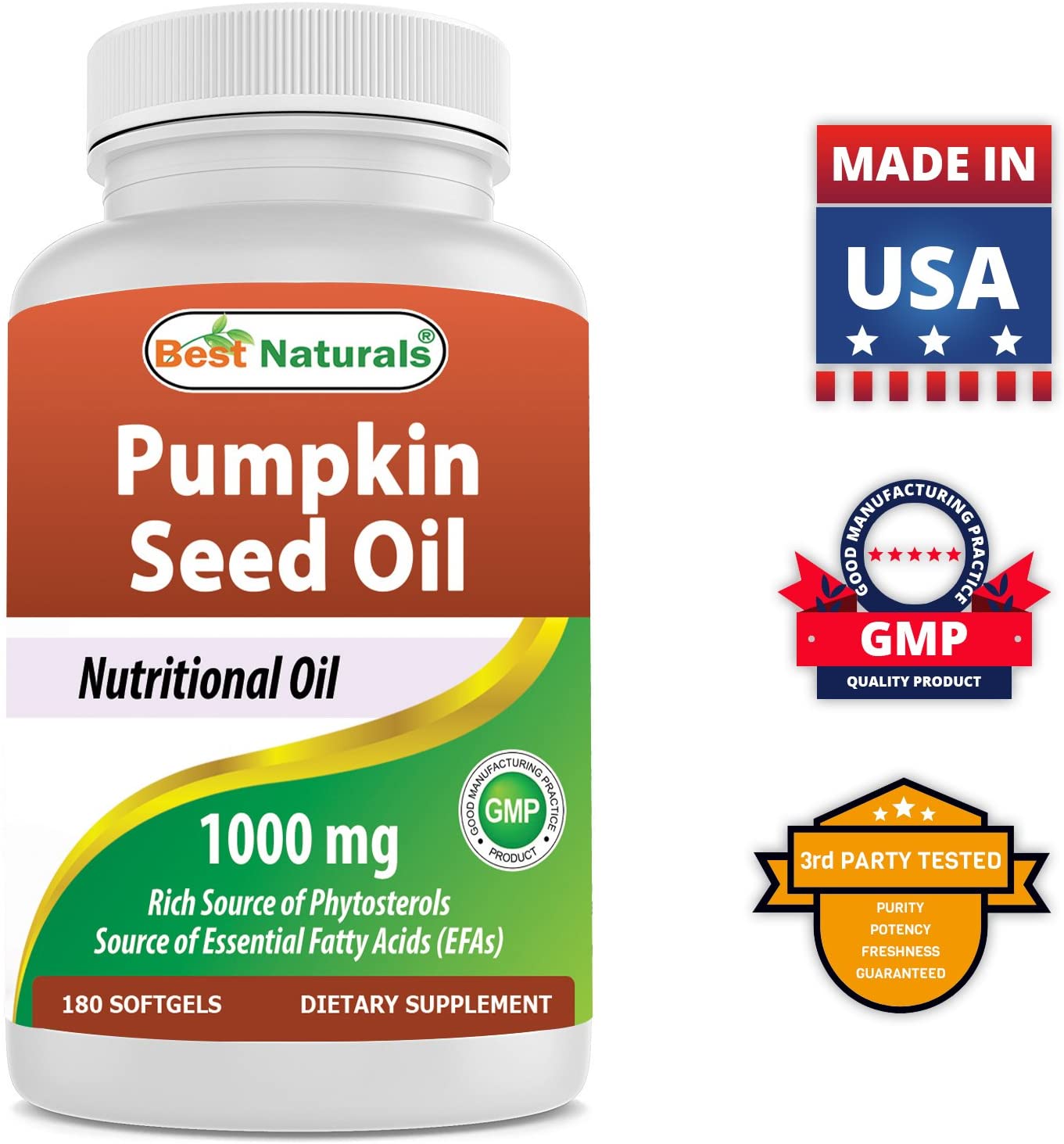 Best Naturals Pumpkin Seed Oil Bladder Control 1000 mg 180 Softgels زيت بذور اليقطين 1000 مجم ، لصحة المثانة والبروستاتا ، 180 سوفت جل - Image 6