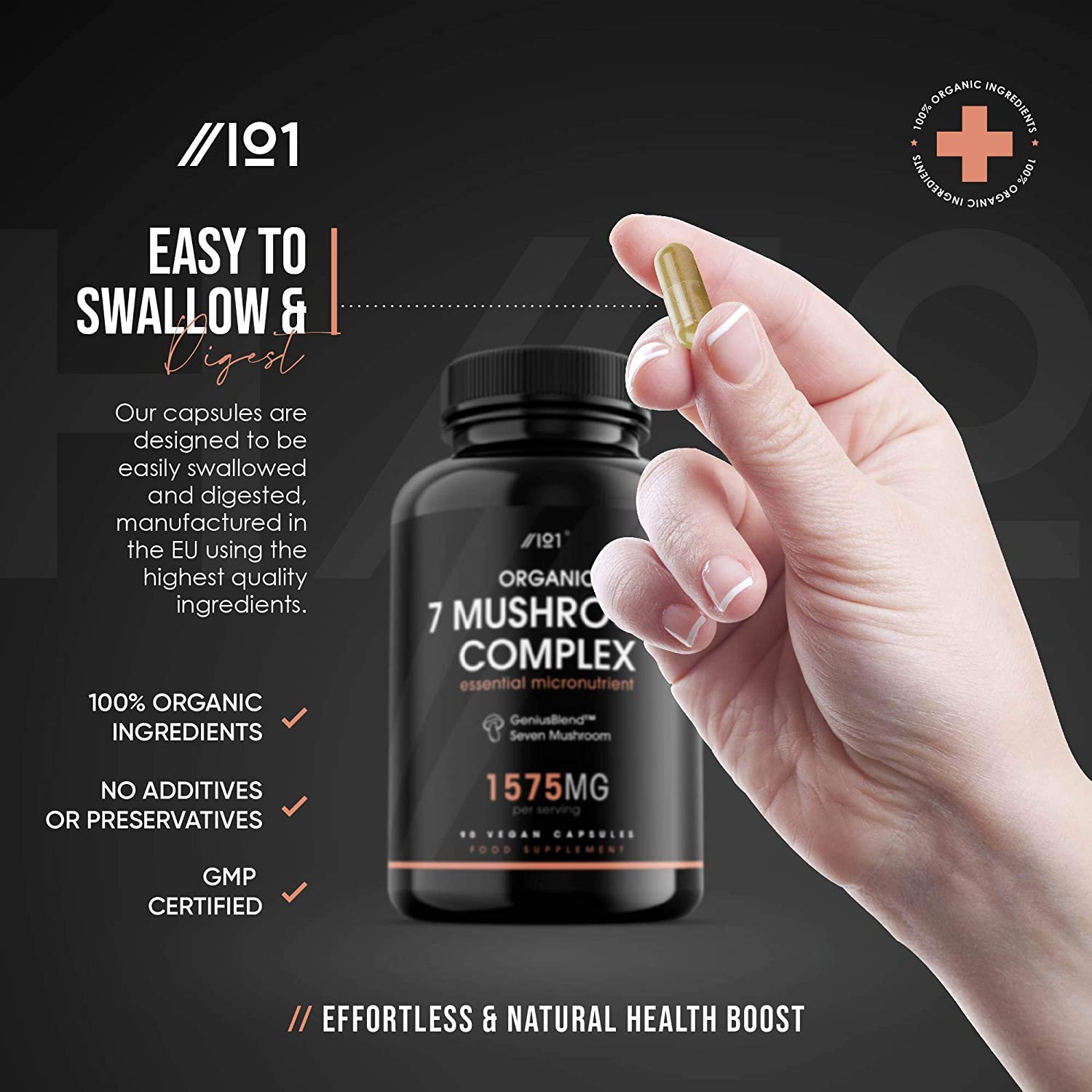 ALPHA01 Organic Seven Mushroom Complex Capsules - 1575mg - GeniusBlend® Synergistic Formula, 90 Vegan Capsules - No Additives — Non-GMO, Gluten Free خليط من سبع فطريات عيش الغراب العضوى 1575 مجم ، بدون إضافات ، 90 كبسولة نباتية - Image 3