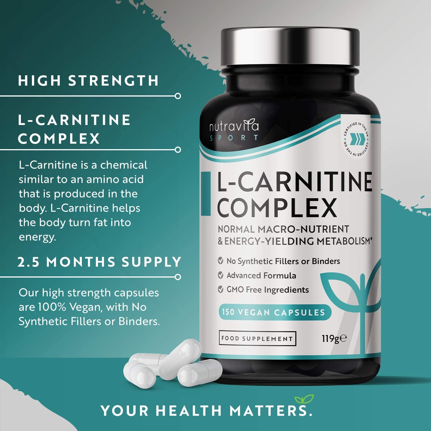 Nutravita L-Carnitine Complex - High Strength Capsules with Added Riboflavin, Biotin, Chromium, Vitamin D, B3 & B6 - Macronutrient & Energy Yielding Metabolism - 150 Vegan Capsules نيوترافيتا ل_الكارنيتين مركب لصحة التمثيل الغذائى وزيادة إنتاج الطاقة ، 150 كبسولة نباتية - Image 7