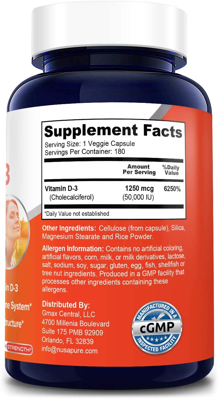 NUSAPURE Vitamin D3 50,000 IU 180 Veggie Capsules نوزابيور فيتامين د3 ,50000 وحدة دولية ,180 كبسولة نباتية - Image 8