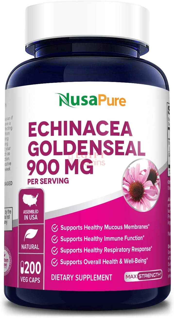 Nusapure Echinacea Goldenseal 900mg, Supports Healthy Immune Function,200 Capsules جولدنسيل اشنسيا 900 مجم ، 200 كبسولة نباتية ، لصحة وظائف الجهاز المناعى