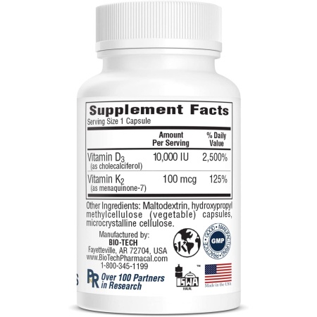 Bio-Tech Vitamin D3 and K2 – 10,000 IU D3 & 100 mcg K2 – 120 Veg Capsules