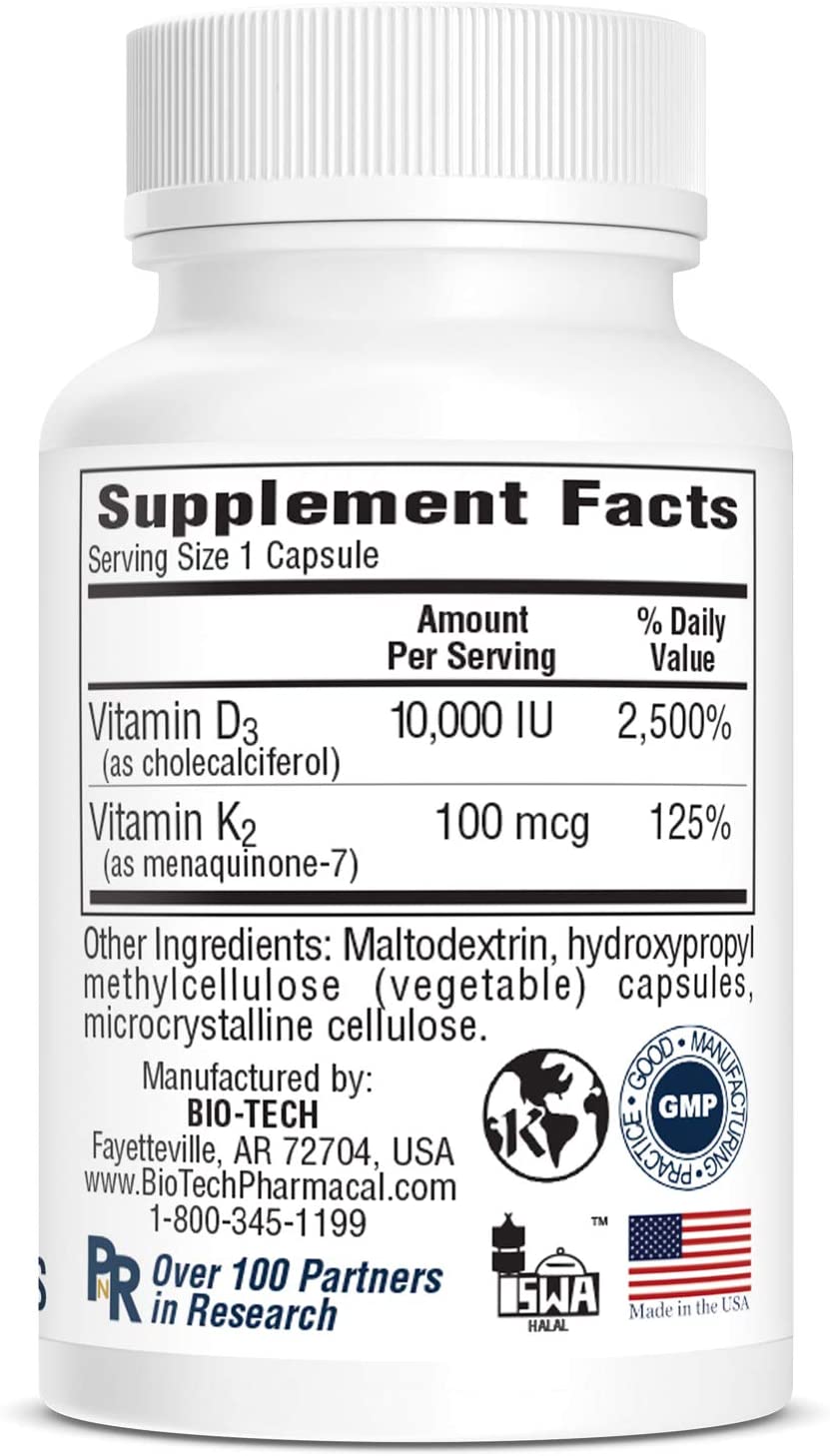 Bio-Tech Vitamin D3 and K2 – 10,000 IU D3 & 100 mcg K2 – 120 Veg Capsules