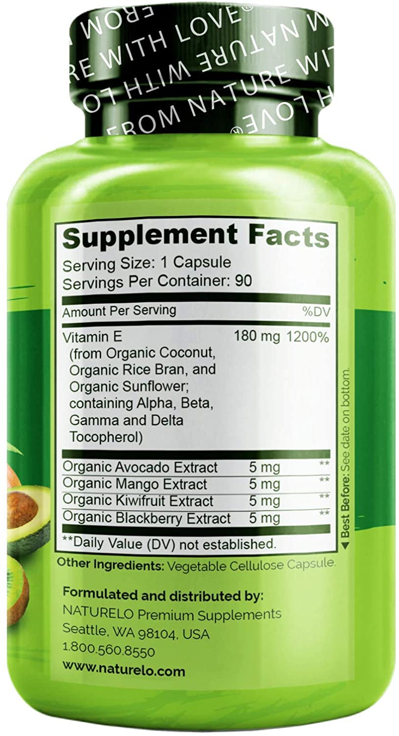 NATURELO Vitamin E - 180 mg (300 IU) of Natural Mixed Tocopherols from Organic Whole Foods - Supplement for Healthy Skin, Hair, Nails, Immune & Eye Health - Non-GMO, Soy Free - 90 Vegan Capsules فيتامين ھ 180 مجم ، خليط طبيعى من أطعمة عضوية ، لصحة الجهاز المناعى والعين ولصحة البشرة والأظافر والشعر ، 90 كبسولة نباتية - Image 7