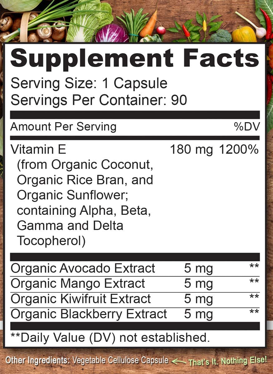 NATURELO Vitamin E - 180 mg (300 IU) of Natural Mixed Tocopherols from Organic Whole Foods - Supplement for Healthy Skin, Hair, Nails, Immune & Eye Health - Non-GMO, Soy Free - 90 Vegan Capsules فيتامين ھ 180 مجم ، خليط طبيعى من أطعمة عضوية ، لصحة الجهاز المناعى والعين ولصحة البشرة والأظافر والشعر ، 90 كبسولة نباتية - Image 8