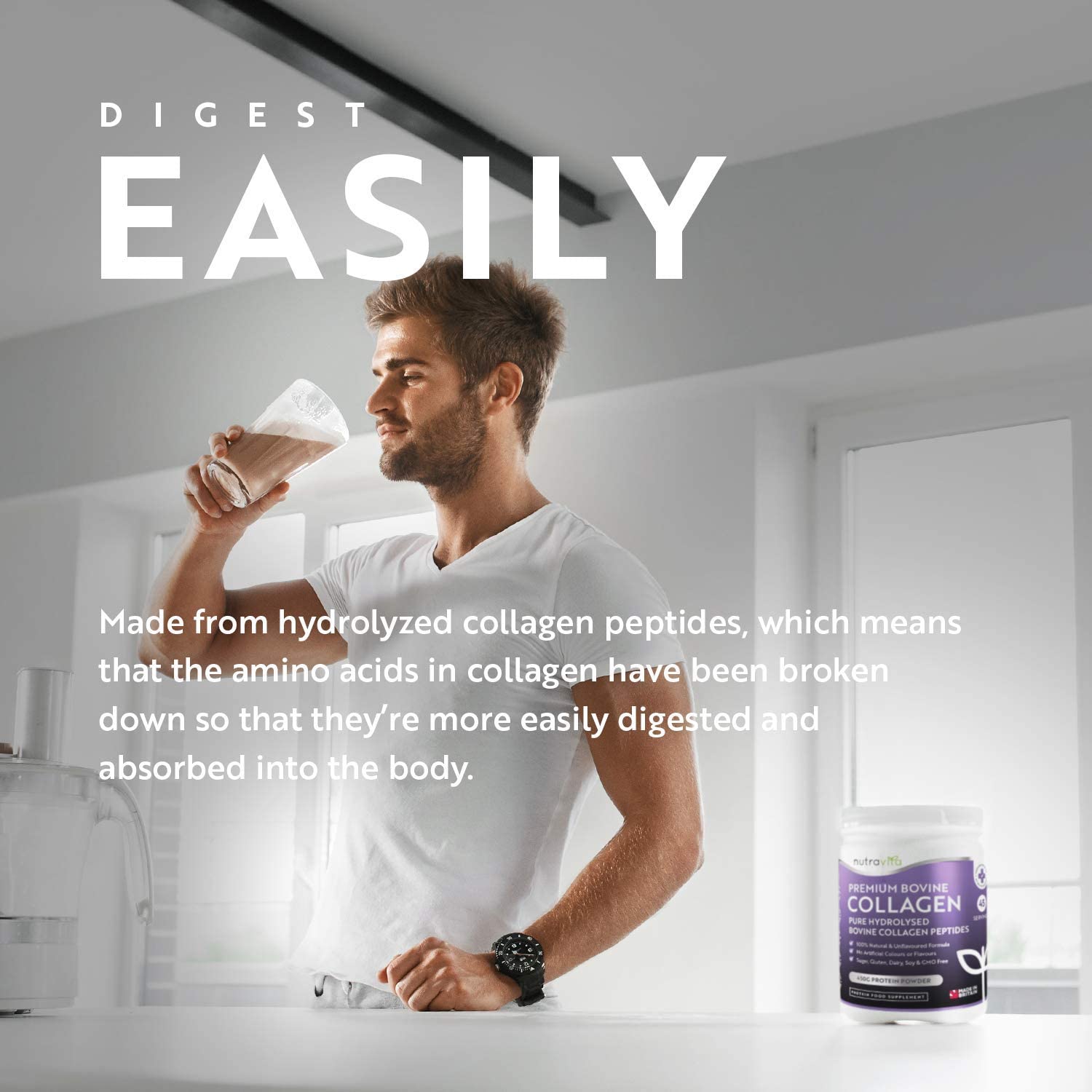 Nutravita Collagen Peptides Protein Powder - 450g of Superior Grass-Fed Bovine Protein Powder - 100% Natural Collagen نيوترافيتا ، كولاجين بقرى ، 450 جرام من مسحوق البروتين البقرى ، كولاجين طبيعى0 - Image 2