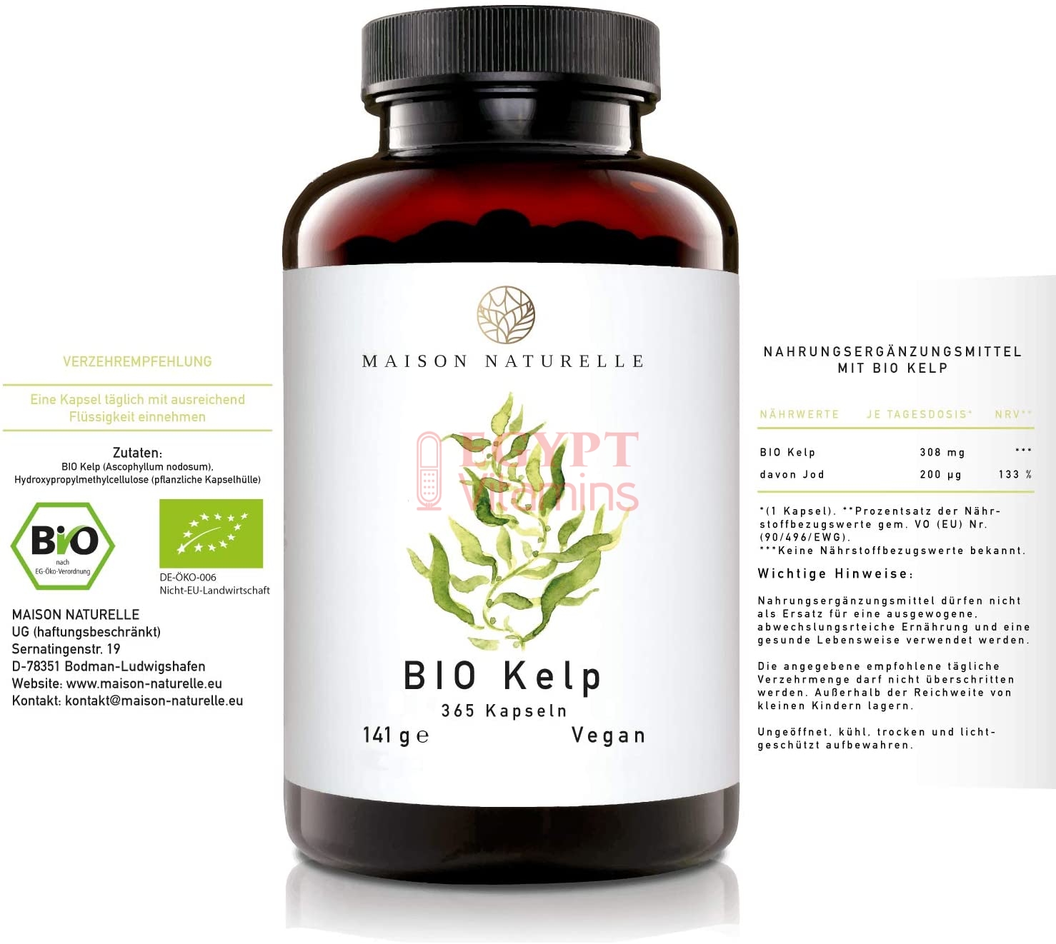 Maison Naturalle Bio Kelp - Organic Brown Algae Capsules (365 Pieces) - 200 μg Iodine per capsule طحالب البحر البنية العضوية ، 200 ميكروجرام يود للكبسولة ، 365 حباية - Image 3