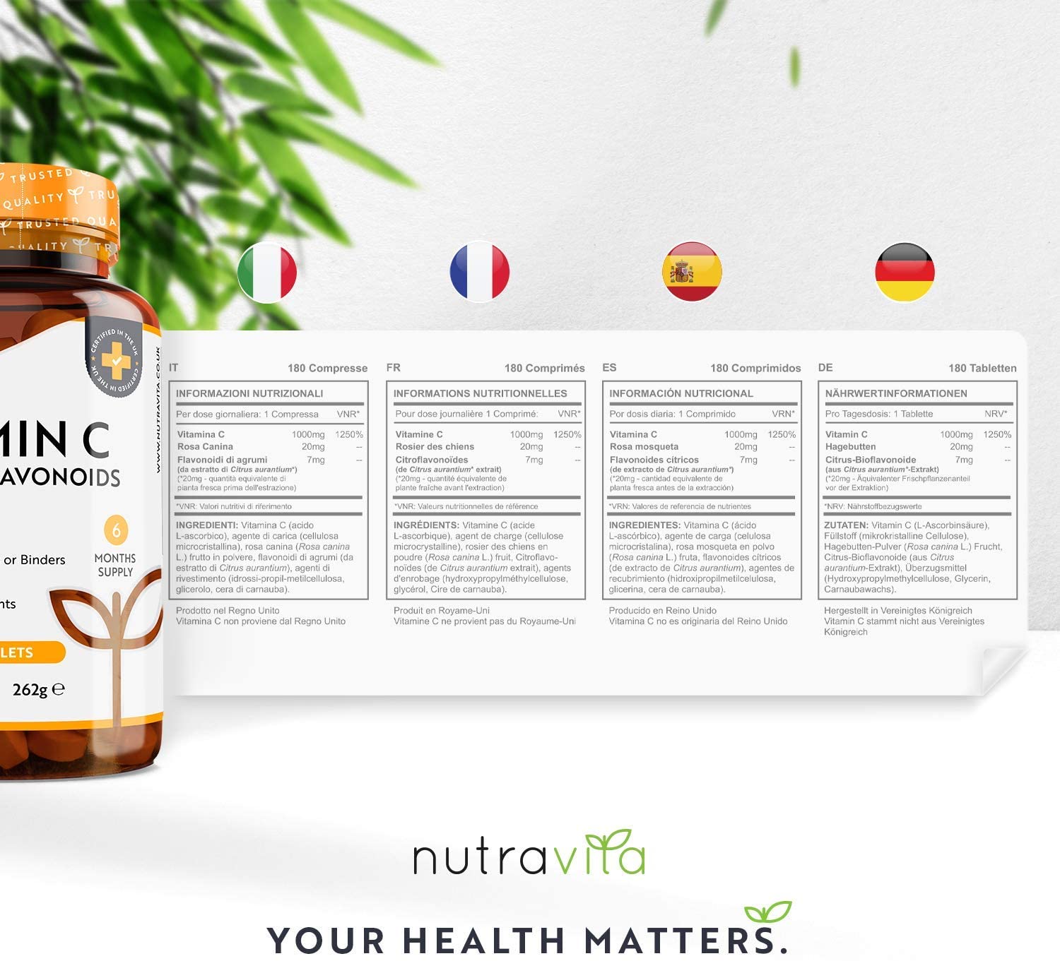 Nutravita Vitamin C 1000mg with Bioflavonoids and Rosehip - 180 Vegan Tablets نيوترافيتا ، فيتامين ج 1000 مجم ، مع البيوفلافونويد و ورد المسك ، 180 حباية نباتية - Image 2