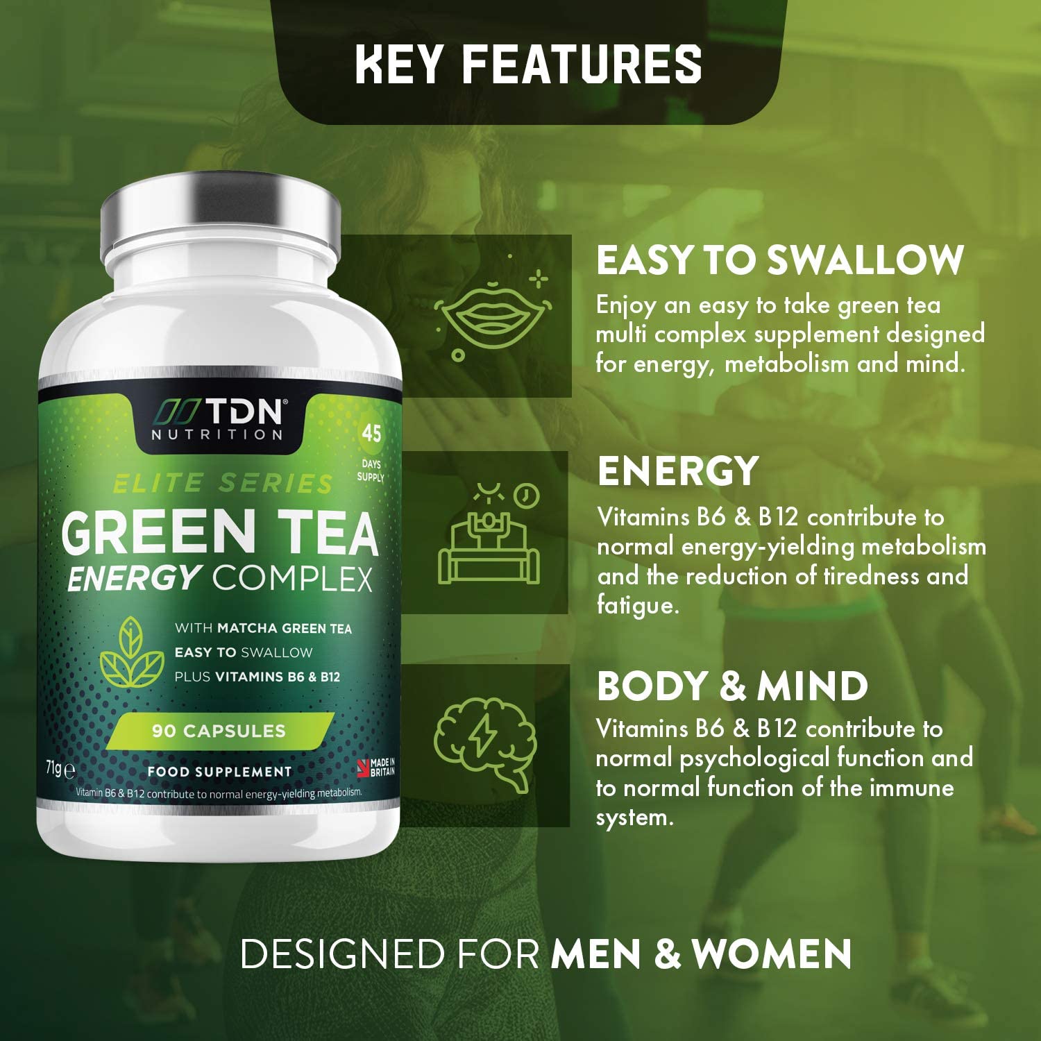 TDN Green Tea Plus Matcha Tea - for Energy & weight loss, 90 Capsules كبسولات شاى أخضر مع شاى أخضر ماتشا 1600 مجم، لزيادة إنتاج الطاقة، وتقليل التعب والإرهاق، و لفقدان الوزن ،90كبسولة نباتية - Image 3