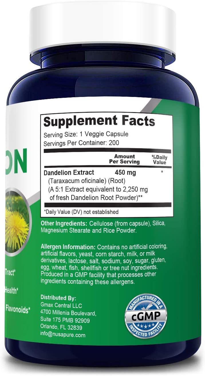Nusapure Dandelion Extract 2250mg, 200 Capsules مستخلص الهندباء 2250 مجم للجرعة ، 200 كبسولة - Image 2