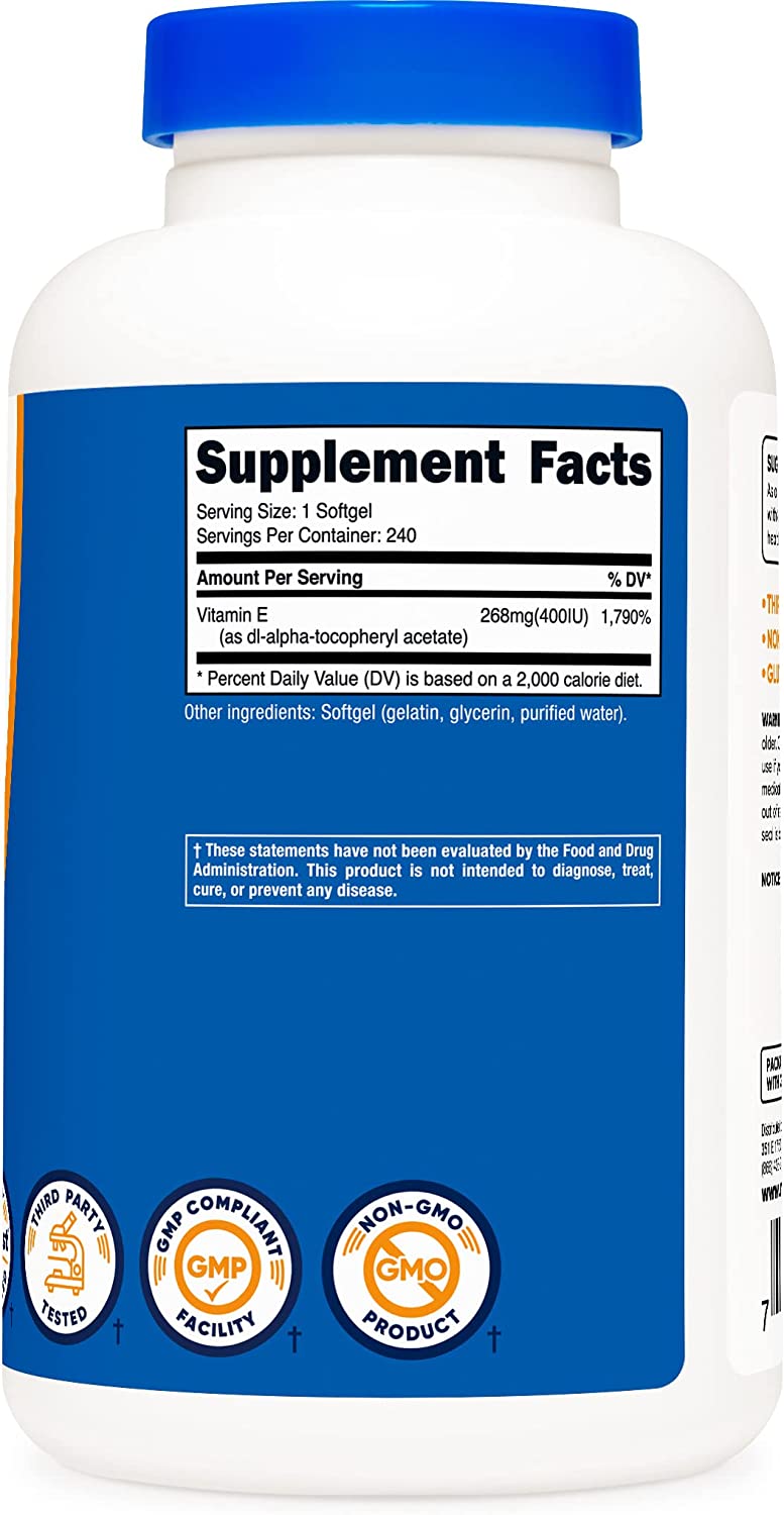 Nutricost Vitamin E 400 IU, 240 Softgel Capsules - Gluten Free, Non-GMOنيوتريكوست ،فيتامين ھ الطبيعى، 400 وحدة دولية ، عالى الإمتصاص، 240 كبسولة نباتية - Image 7