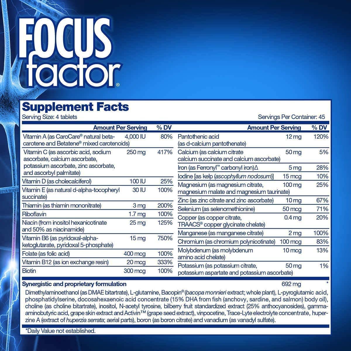 Focus Factor Brain Supplement Multivitamin Improve Memory and Clarity Boost Concentration Neuro Energy Learning Reasoning for Men and Women 180 Tablets - Image 4
