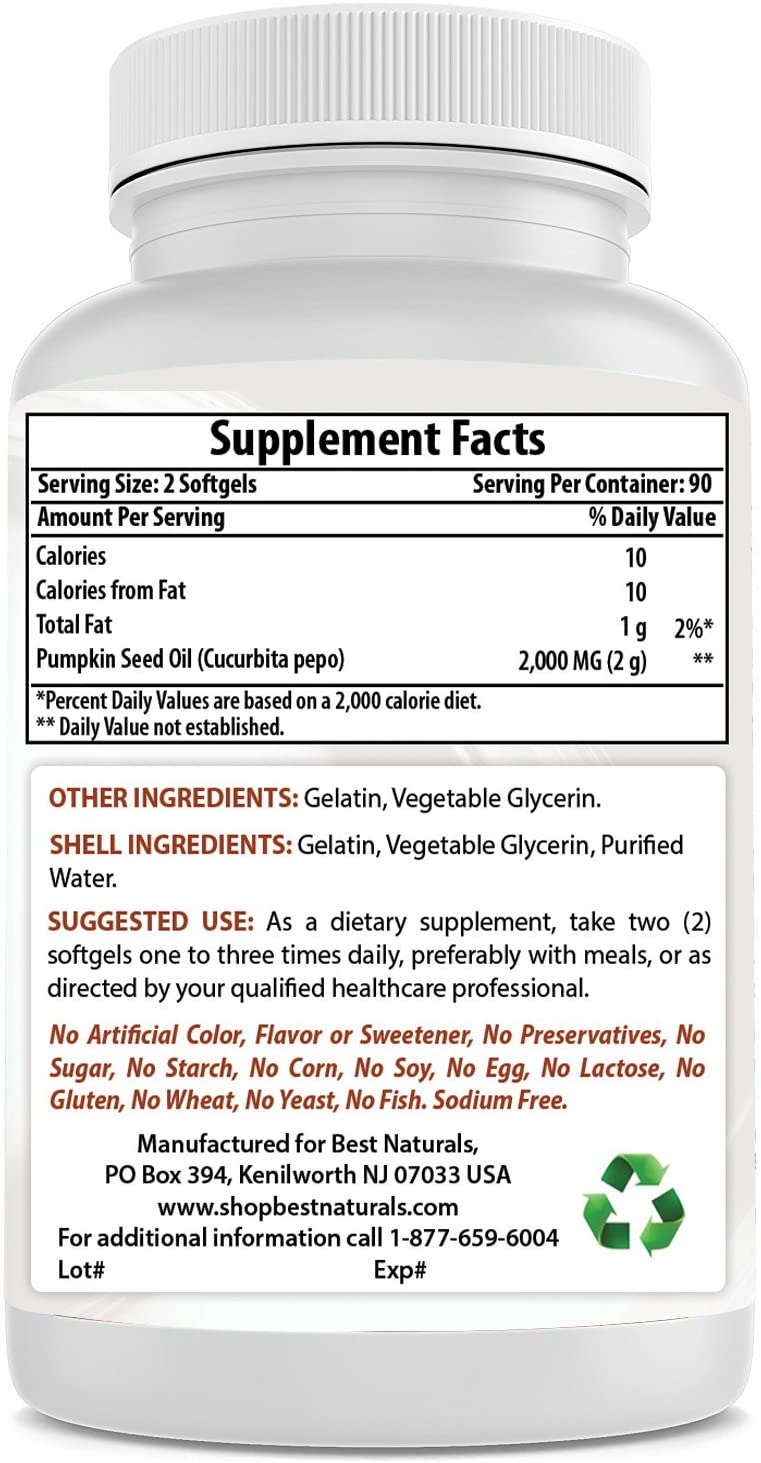 Best Naturals Pumpkin Seed Oil Bladder Control 1000 mg 180 Softgels زيت بذور اليقطين 1000 مجم ، لصحة المثانة والبروستاتا ، 180 سوفت جل - Image 3