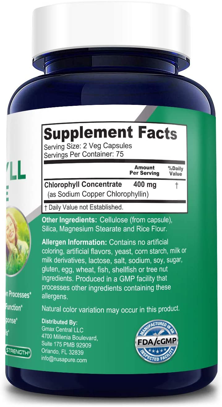 Nusapure Chlorophyll Concentrate 400 mg, Assists Detoxification & Provides Intestinal, Digestive Support,150 Capsules كلوروفيل المركز 400 مجم للجرعة ، لصحة الجهاز المناعى والجهاز الهضمى و لصحة الجلد ، 150 كبسولة - Image 4