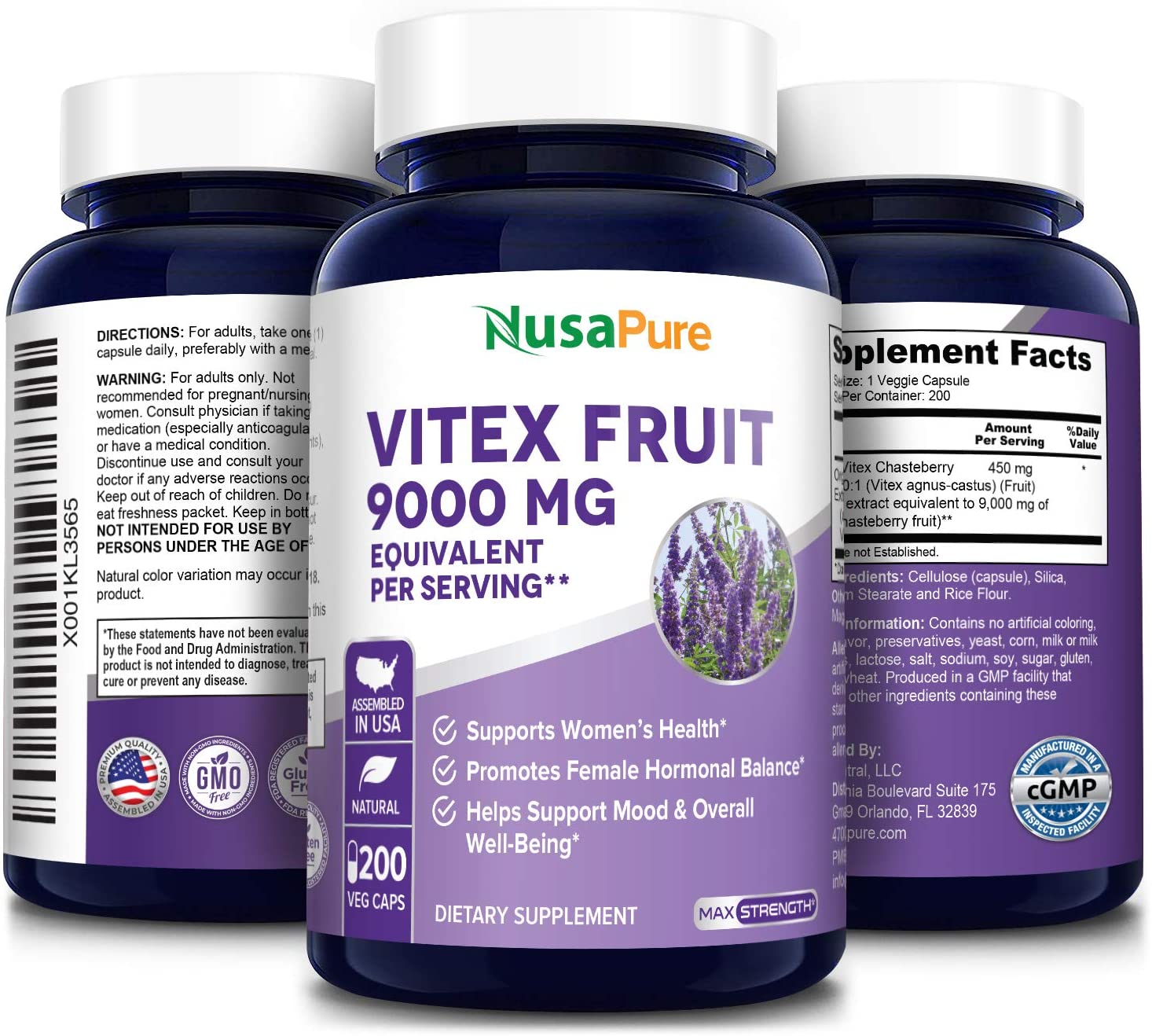 Nusapure Vitex Chasteberry Fruit 9,000 mg, Support Hormonal Balance & PMS Symptoms, 200Capsules