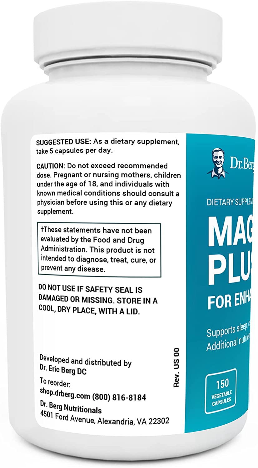Dr. Berg's Magnesium Plus Magnesium Glycinate Supplement for Stress, Calm, Relaxation & Sleep Support - Muscle, Cardiovascular Bone Health & Cramp Defense w/ Vitamin D & B6 -150 Vegetarian Capsules - Image 5