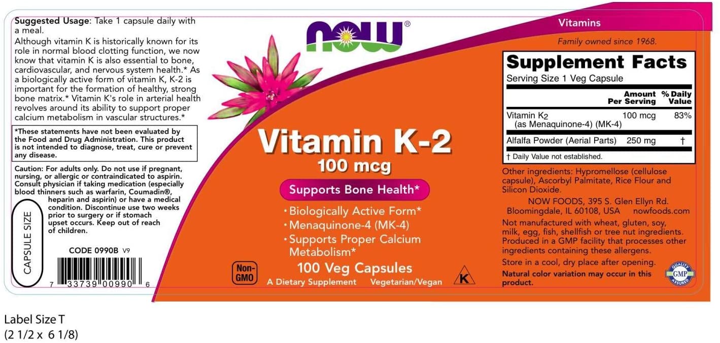 NOW Vitamin K2 MK4 100 mcg 100 Veg Capsules ناو، فيتامين ك2 ، 100 ميكروجرام ، 100 كبسولة نباتية - Image 5