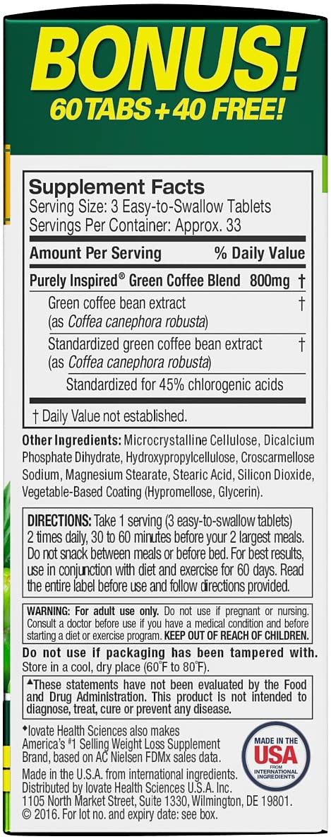 Purely Inspired Green Coffee Weight Loss Supplement, Dietary Supplements, 800 mg |100 Tablets - Image 6