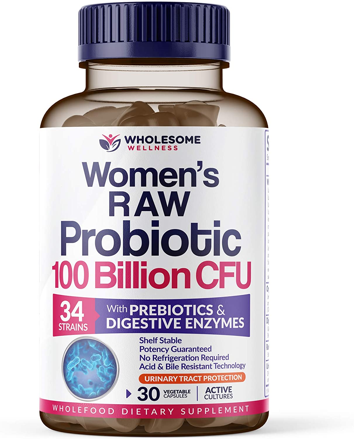 Wholesome Wellness Dr. Formulated Raw Organic Probiotics for Women – 100 Billion CFU – 30 Capsules
