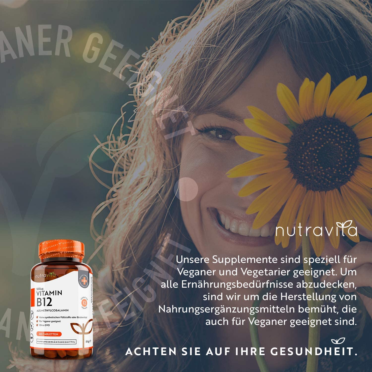 Nutravita Vitamin B12 500mcg - 365 tablets (1 year supply) of vegan methylcobalamin - tested and certified in Germany - helps reduce fatigue <BR/>فيتامين ب12 ، 500 ميكروجرام للحباية لصحة الجهاز العصبى وتقليل التعب 365 حباية - Image 2