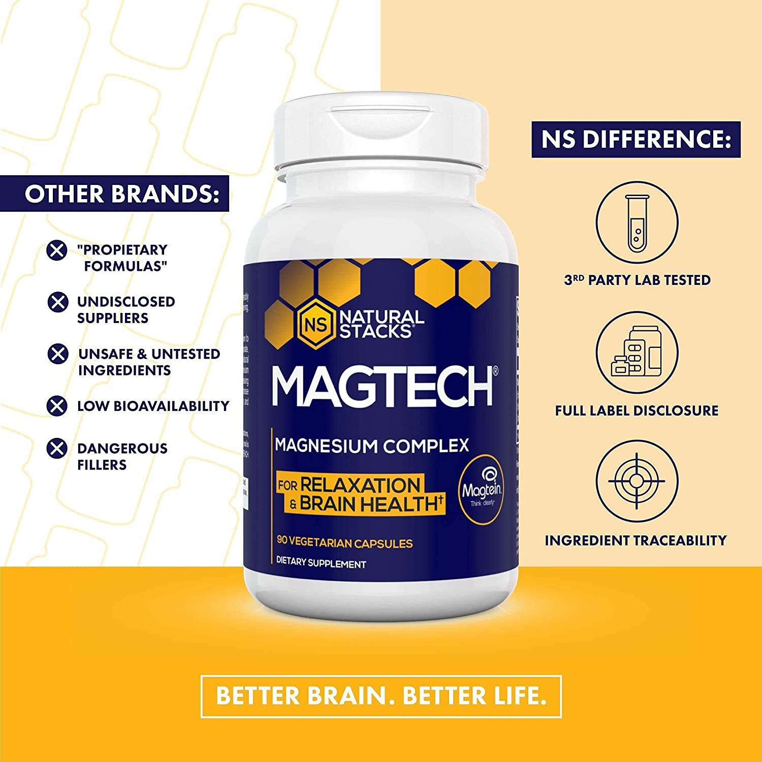 Natural Stacks MagTech Magnesium Supplement 90 ct. - High Quality Triple Blended 100% Chelated Magnesium Complex - L-Threonate (Magtein) for Memory & Focus - Glycinate for Sleep & Relaxation - Taurate for Muscle Cramps & Recovery خليط من أنواع الماغنيسيوم لصحة المخ ولدعم صحة النوم 90 كبسولة نباتية - Image 4