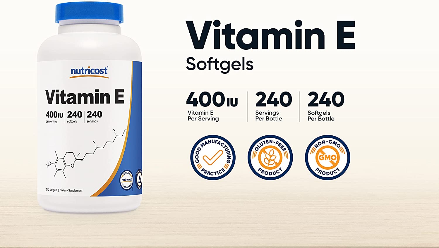 Nutricost Vitamin E 400 IU, 240 Softgel Capsules - Gluten Free, Non-GMOنيوتريكوست ،فيتامين ھ الطبيعى، 400 وحدة دولية ، عالى الإمتصاص، 240 كبسولة نباتية - Image 3