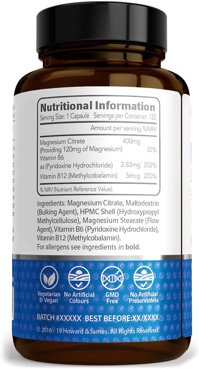 Howard & James Magnesium Citrate 400mg Plus Vitamin B6 & B12-120 Capsules