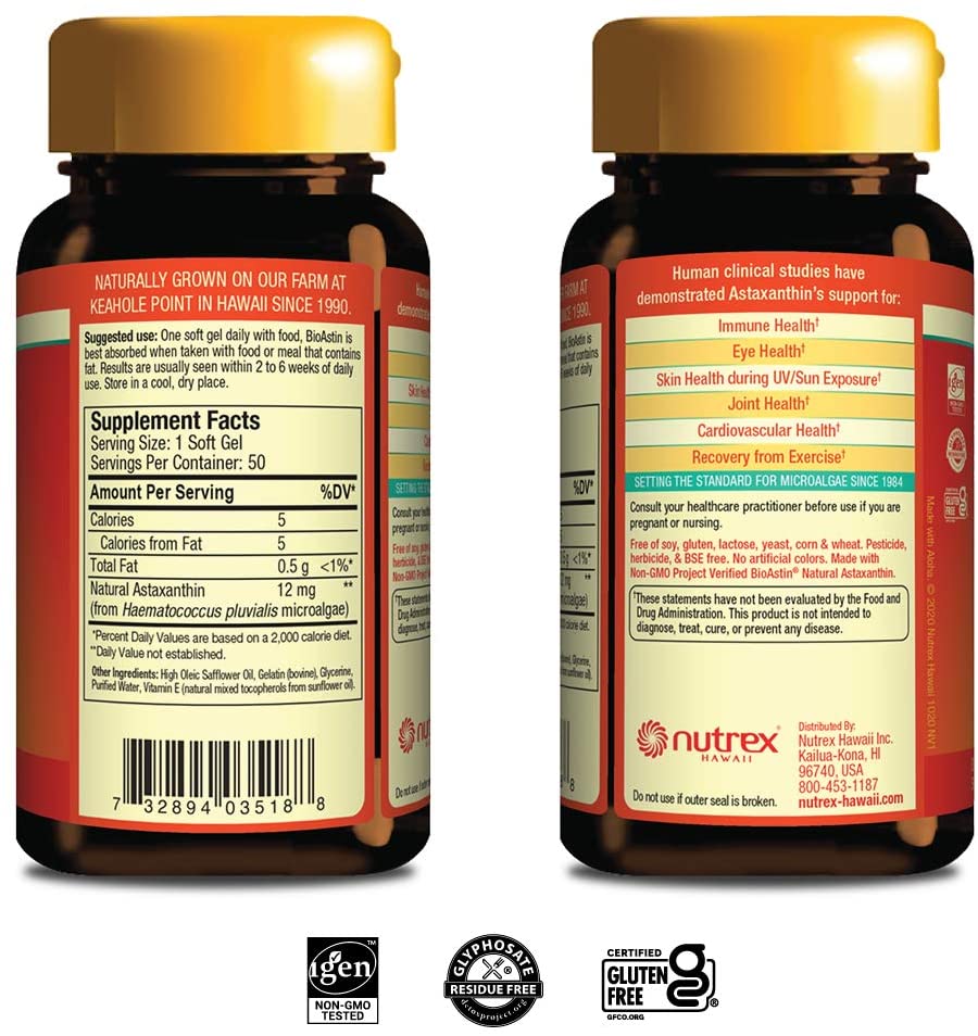 Nutrex BioAstin Hawaiian Astaxanthin 50 Caps 12 MG 50 Count - Hawaiian Grown Premium Antioxidant - One per day - Sports Nutrition & Immunity Supplement - Supports Eye, Joint & Cardiovascular Health بيواستين استازانتين 12 مجم لدعم صحة الجهاز المناعى والعين والمفاصل والقلب ، 50 سوفت جيل نباتى - Image 7