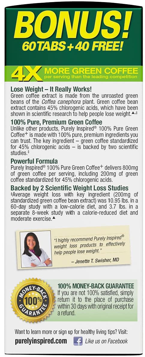 Purely Inspired Green Coffee Weight Loss Supplement, Dietary Supplements, 800 mg |100 Tablets - Image 5