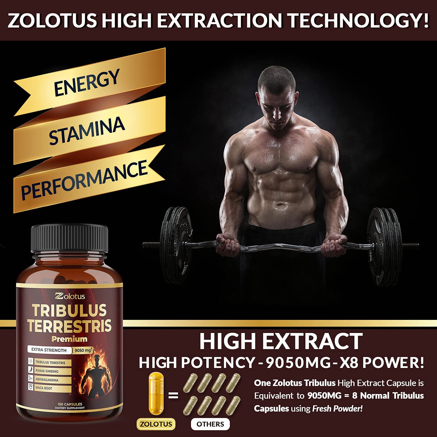 Tribulus Terrestris, 9050mg Per Capsule, 5 Months Supply with Ashwagndha, Panax Ginseng, Saw Palmetto, Maca, Shilajit. Energy, Stamina & Performance Supplement for Men & Womenزولوتس تركيز9050 مجم للكبسولة،يحتوى على الاشواجندا العضوية والجنسنج والماكا السوداء والشيلاجيت ،لزيادة انتاج الطاقة والرغبة الجنسية للطرفين ،150 كبسولة - Image 3