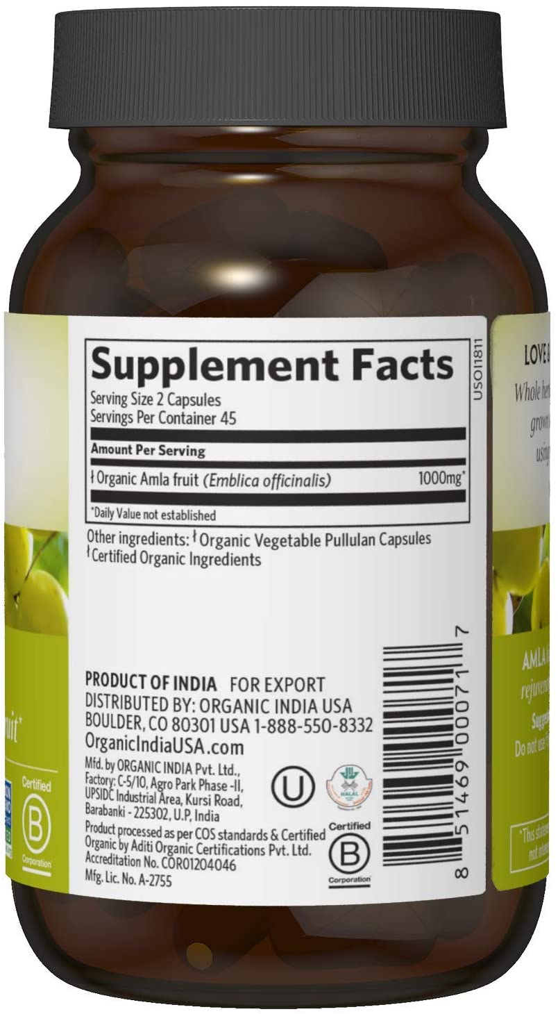 Organic India Amalaki Herbal Vitamin Supplement - Immune Support, Vitamin C, Antioxidant, 90 Capsules